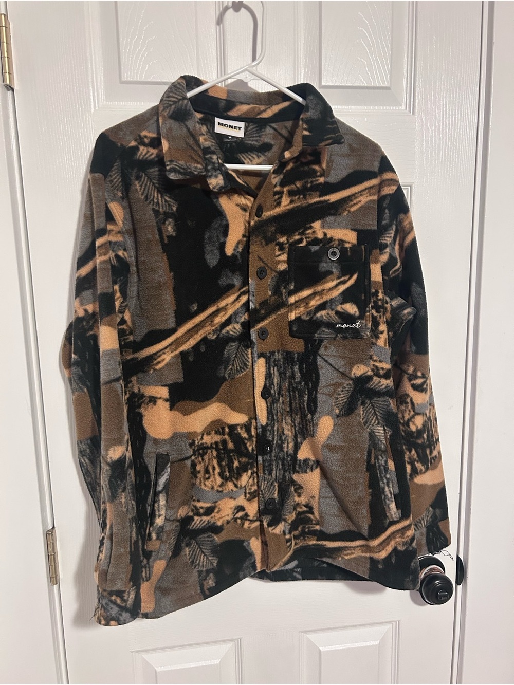Monet Men’s Button-Up Fleece Jacket - Black & Tan Camouflage
